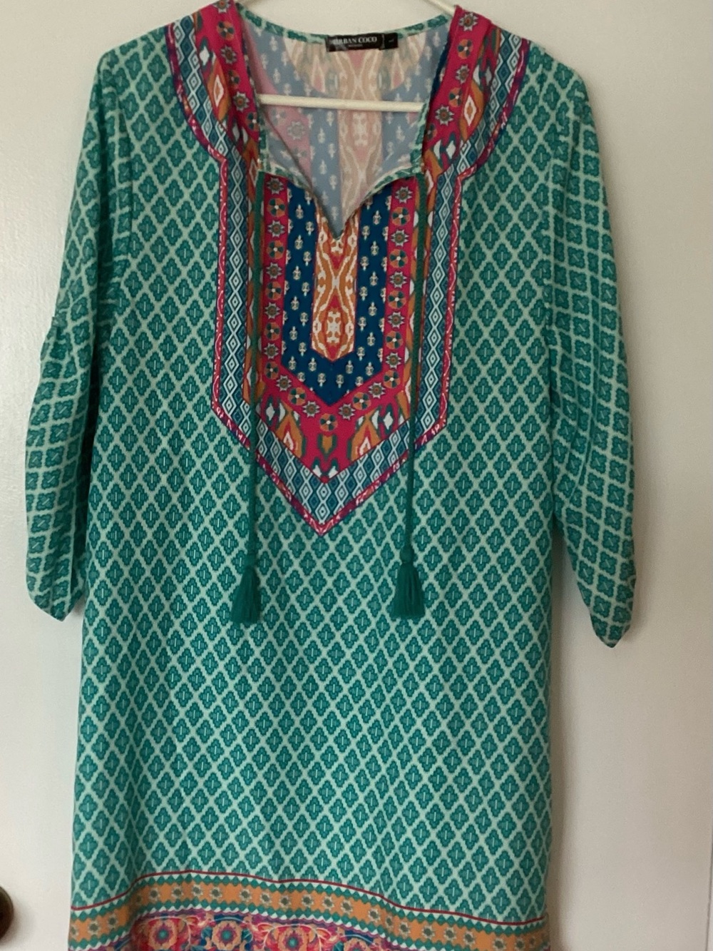 Women’s Size L URBAN COCO Teal Pattern Dress Embroidered Yoke and Tassels